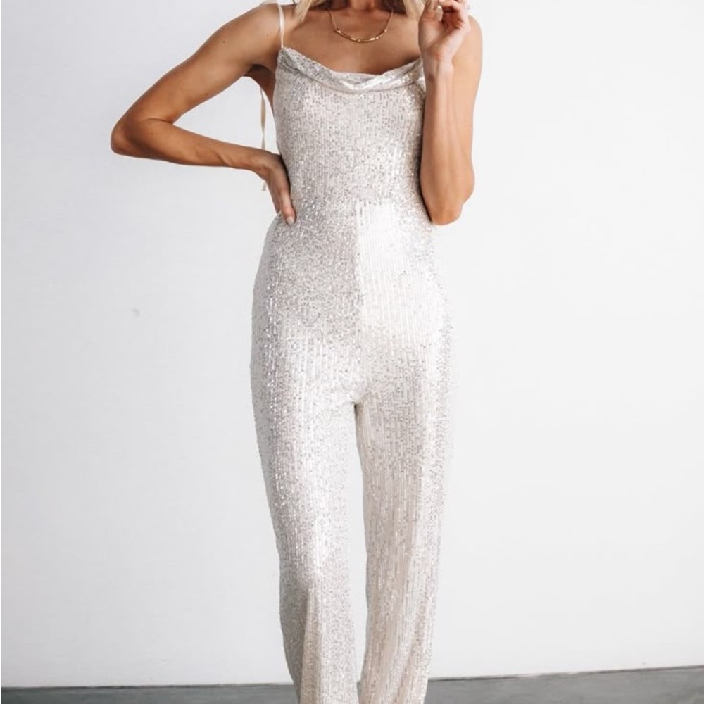 NWT Baltic Born Willett Cowel Neck Flared Sequin Jumpsuit in Creamy White Bridal